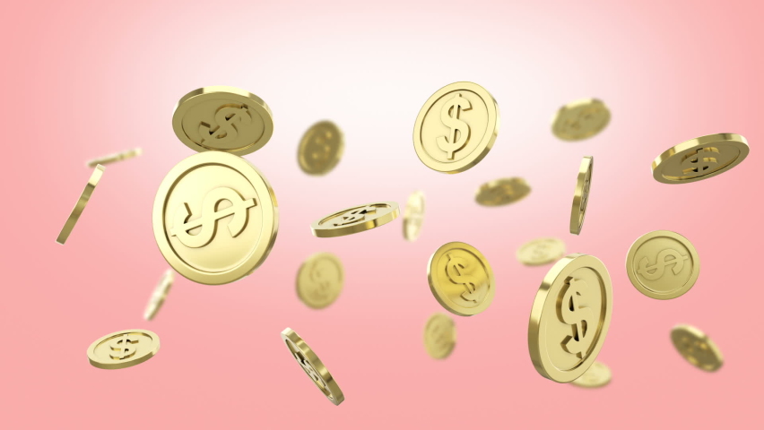 Golden coins flying up in slow motion and falling down with pink background. 3d animation. | Shutterstock HD Video #1077106001