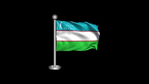 Waving Uzbekistan Flag with Pole Isolated on Transparent Background. 4K Ultra HD Prores 4444, Loop Motion Graphic Animation.