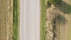 A narrow, asphalt road along which one passenger car passes. Bird's-eye view of a small country road. Warm, clear, summer day. Transport communication and logistics concept. UHD 4K.