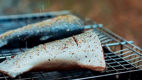 Fish Cooked On Grill. Fresh Salmon Fried On Grill With Seasoning. Trout Being Grilled.Steak Of Fresh Fish Is Fried Grill.Fried Grill Salmon With Spice.Roast Healthy Food. Smoked Grilled Salmon Fillets