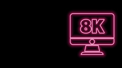 Glowing neon line Computer PC monitor display with 8k video technology icon isolated on black background. 4K Video motion graphic animation.
