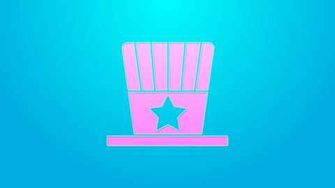 Pink line Patriotic American top hat icon isolated on blue background. Uncle Sam hat. American hat independence day. 4K Video motion graphic animation.