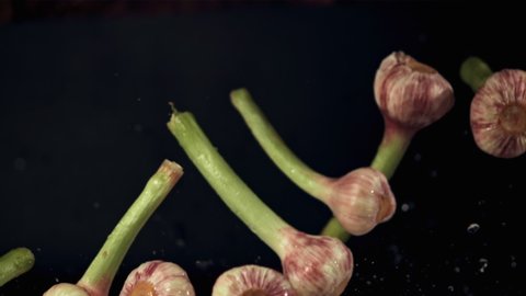 Super slow motion garlic with splashes of water on a black background.Filmed on a high-speed camera at 1000 fps. High quality FullHD footage