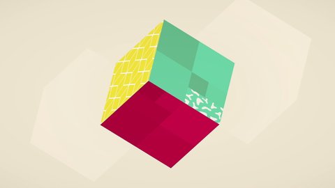 isometric Cube with textures and glitch effect background. Seamless loop 3D render animation