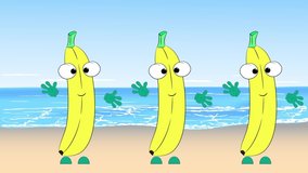 Bananas dance on the beach. Cartoon animation.