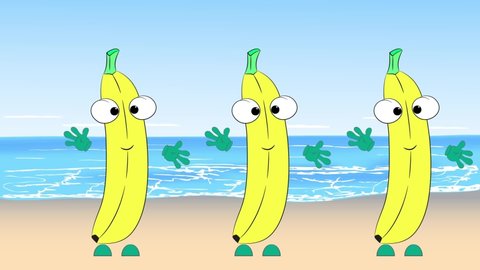 Bananas dance on the beach. Cartoon animation.