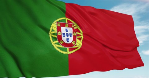 Flag of Portugal waving on blue sky 3d animation. The emblem of Portugal flag. looping Portuguese flag animation 4k