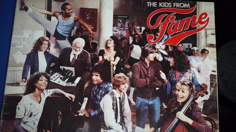 Rome, Italy - August 05, 2021, detail of the 33 rpm vinyl record The Kids from Fame, American television series by Christopher Gore, taken from the film directed by Alan Parker in the 80s.