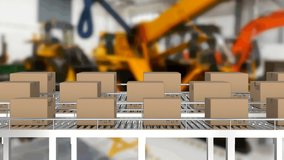 Animation of cardboard boxes moving on conveyor belts in warehouse. global shipping and delivery concept digitally generated video.