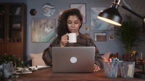 Excited black woman on video conference call, camera view, video chat, happy African American female chatting with friends, communication during coronavirus pandemic, remote work and learning