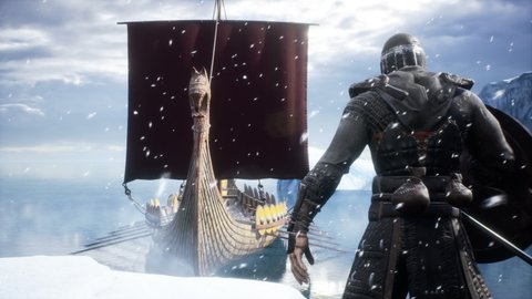 A fearless viking stands on a glacier next to his Drakkar during a snowstorm. Viking warship in winter natural conditions. The animation is perfect for historical, war and medieval backgrounds.
