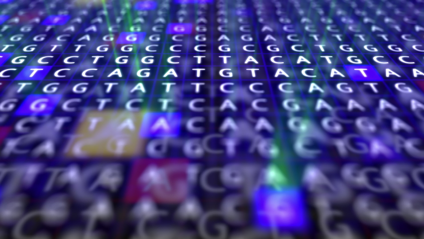Loopable: Genetic mapping DNA sequence analysis 3D abstract background with randomly changing DNA components and blue rays. Big genomic data analysis concept. Royalty-Free Stock Footage #1077153029