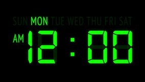 Loopable: Green LED digital clock displays the current time at Monday in 12-hours AM-PM format updating 1 minute per frame. Animated digits on black background.