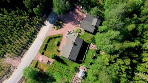 Aerial view above a detached house, bright, summer day - top down, drone shot
