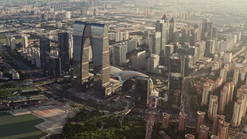 CBD buildings by Jinji Lake in Suzhou, China.