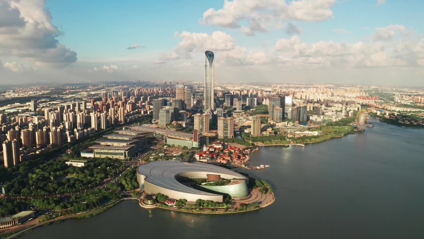 CBD buildings by Jinji Lake in Suzhou, China.