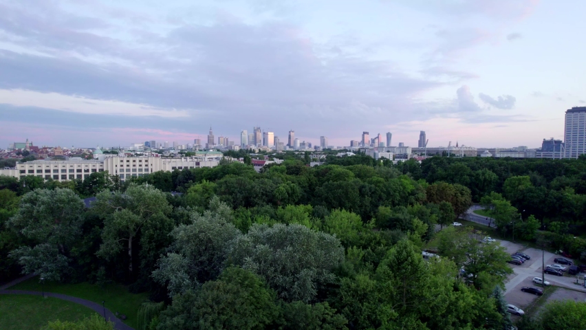 Warsaw at sunset. The capital of Poland is illuminated by a beautiful orange sun.