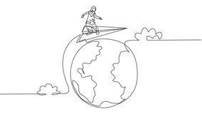 Animated self drawing of continuous one line draw young Arab female worker flying around the world. Success business travel trip. Minimalist metaphor concept. Full length single line animation. - Powered by Shutterstock - Get 15% off with code: PIKWIZARD15