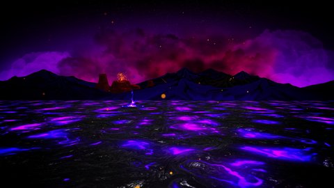 Animation of violet lava flow in desert island. Cartoon background of erupted volcano. Molten rock in hell. Indigo magma field in outworld. Magic fireballs hit the ground. Animated land of purple fire