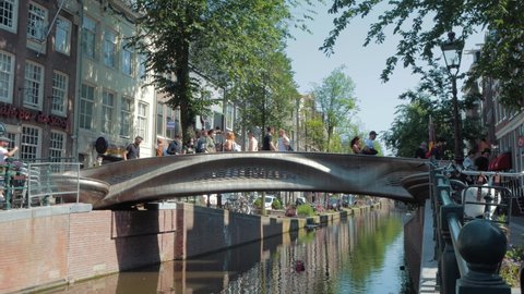 Amsterdam, Netherlands - August 18th, 2021: The first 3d printed pedestrian bridge was installed in the Red Light District in Amsterdam