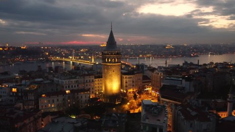 High angle view of illuminated Galata tower in Istanbul at night
