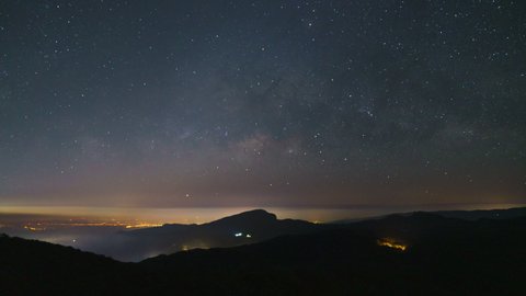 Beautiful Milky way and sunrise  4K 60 fps time lapse at view point 41, Doi Inthanon, Chiang mai, Thailand.