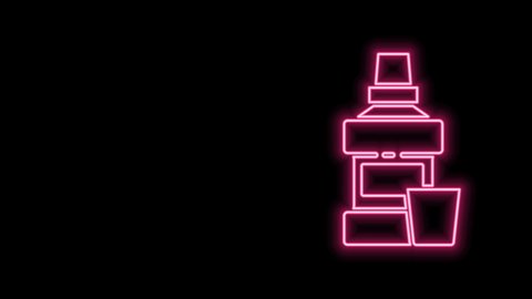 Glowing neon line Mouthwash plastic bottle and glass icon isolated on black background. Liquid for rinsing mouth. Oralcare equipment. 4K Video motion graphic animation.