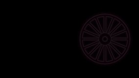 Glowing neon line Alloy wheel for a car icon isolated on black background. 4K Video motion graphic animation.