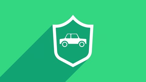White Car with shield icon isolated on green background. Insurance concept. Security, safety, protection, protect concept. 4K Video motion graphic animation.