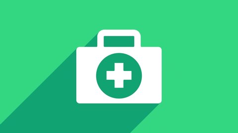 White First aid kit icon isolated on green background. Medical box with cross. Medical equipment for emergency. Healthcare concept. 4K Video motion graphic animation.