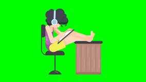 Young girl sitting on chair, put her leg on table and drawing on digital tablet. Flat design cartoon animation video.