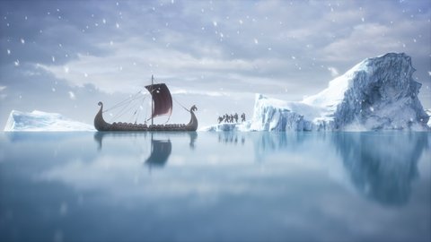 Fearless Vikings stand next to their warship, on the glacier, ready for battle. Viking warship in winter conditions.The animation is perfect for historical, war and medieval backgrounds