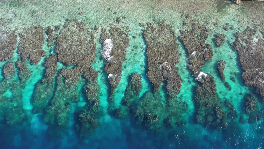 Cinematic slow descending 4k aerial video of coral reef of Utila island in Honduras. The Mesoamerican Barrier Reef. beautiful beach of the caribbean with coral views and cristal clear water.