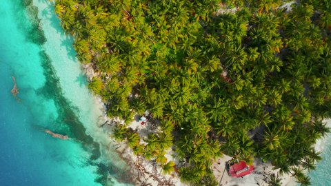 Beach Island With Tropical Palm Trees Surrounded By Clear Blue Water In San Blas Islands, Panama. - aerial