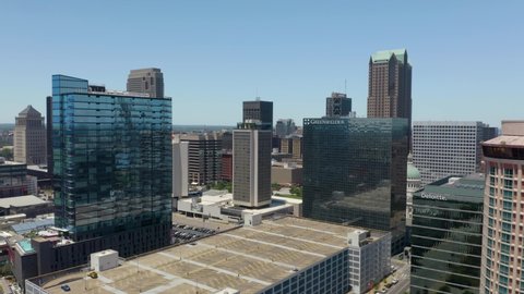 St. Louis , Missouri , United States - 06 13 2021: Aerial View of Downtown St. Louis, Missouri. Sliding Truck Left