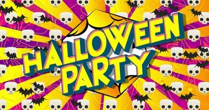 4k animated Halloween Party text with changing colors on comic book background. Retro pop art comic style social media post, motion poster.
