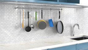 3d rendering kitchen rack with utensils on white wall 4k footage
