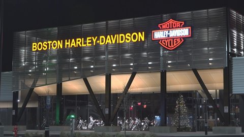 4K Harley Davidson highway location showroom motorcycles in the spotlight, Boston Massachusetts USA, December 13 2014