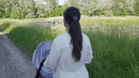 Mother with baby stroller on a walk in spring park, mom pushing baby carriage in Alexander Park in the town of Tsarskoye Selo, Pushkin. High quality 4k footage