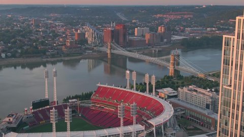 Aerial: Great American Ball Park and downtown, Cincinnati, Ohio, USA. 21 September 2019 