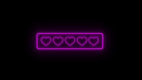 Violet 5 out of 5 Hearts Rating, Isolated on Black Background. Five Neon Heart Rating, Premium Quality Customer Service. Customer Feedback Ranking System. 4K Ultra HD Video Motion Graphic Animation.