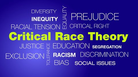 Critical Race Theory animated word cloud. Kinetic typography, showing discrimination, race, justice, diversity.