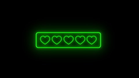 Green 5 out of 5 Hearts Rating, Isolated on Black Background. Five Neon Heart Rating, Premium Quality Customer Service. Customer Feedback Ranking System. 4K Ultra HD Video Motion Graphic Animation.