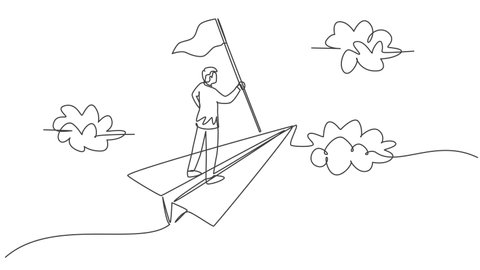 Animated self drawing of continuous one line draw male leader holding flag while flying with paper aircraft . Success business manager metaphor. Minimalist concept. Full length single line animation.