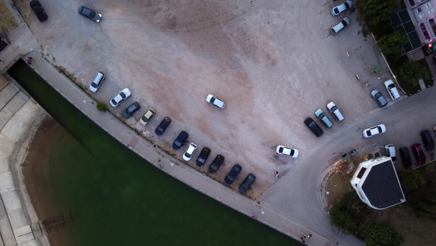 Parking lot, aerial view at sunset