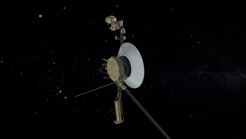 A voyager probe going away from the solar system in the milky way. Spacecraft goes into deep space sending signals to Earth.