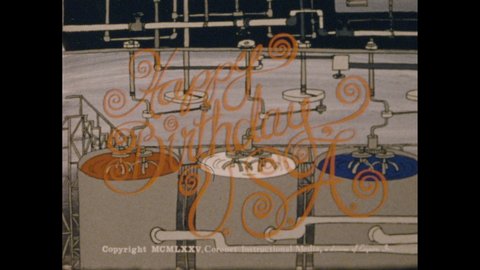 1970s: Factory. Machines decorate cakes with frosting and flags. Cartoon George Washington gestures and speaks. Caption reads "HAPPY BIRTHDAY U.S.A." Machine stirs vats. Man carries bag.
