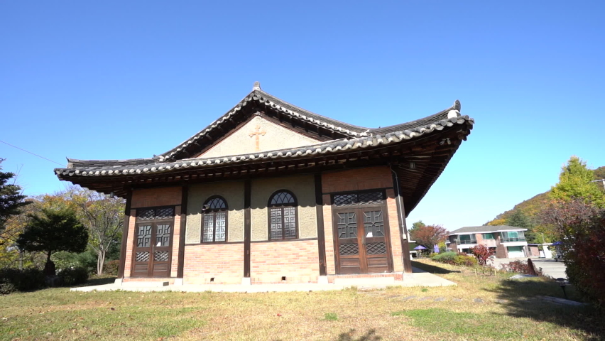 Cheongju, Chungcheongbuk-do, South Korea - September, 2019: Cheongju Anglican Church is a hanok church of the Anglican Church of Korea located in Cheongju-si, South Korea. Built in 1935.
