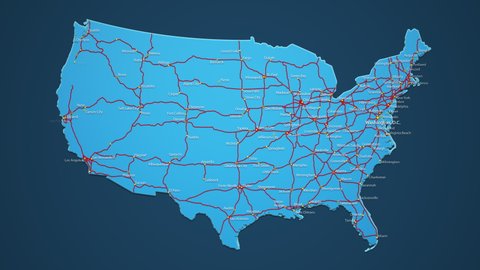 Light blue map of USA with cities, roads and railways on a dark blue background. 4K Animation with alpha matte