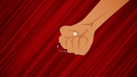 Flying fist on red background. Looped animation of punching fist. Moving arm on dynamic abstract background. Animated hand in motion. Anime style drawing with action effect.
